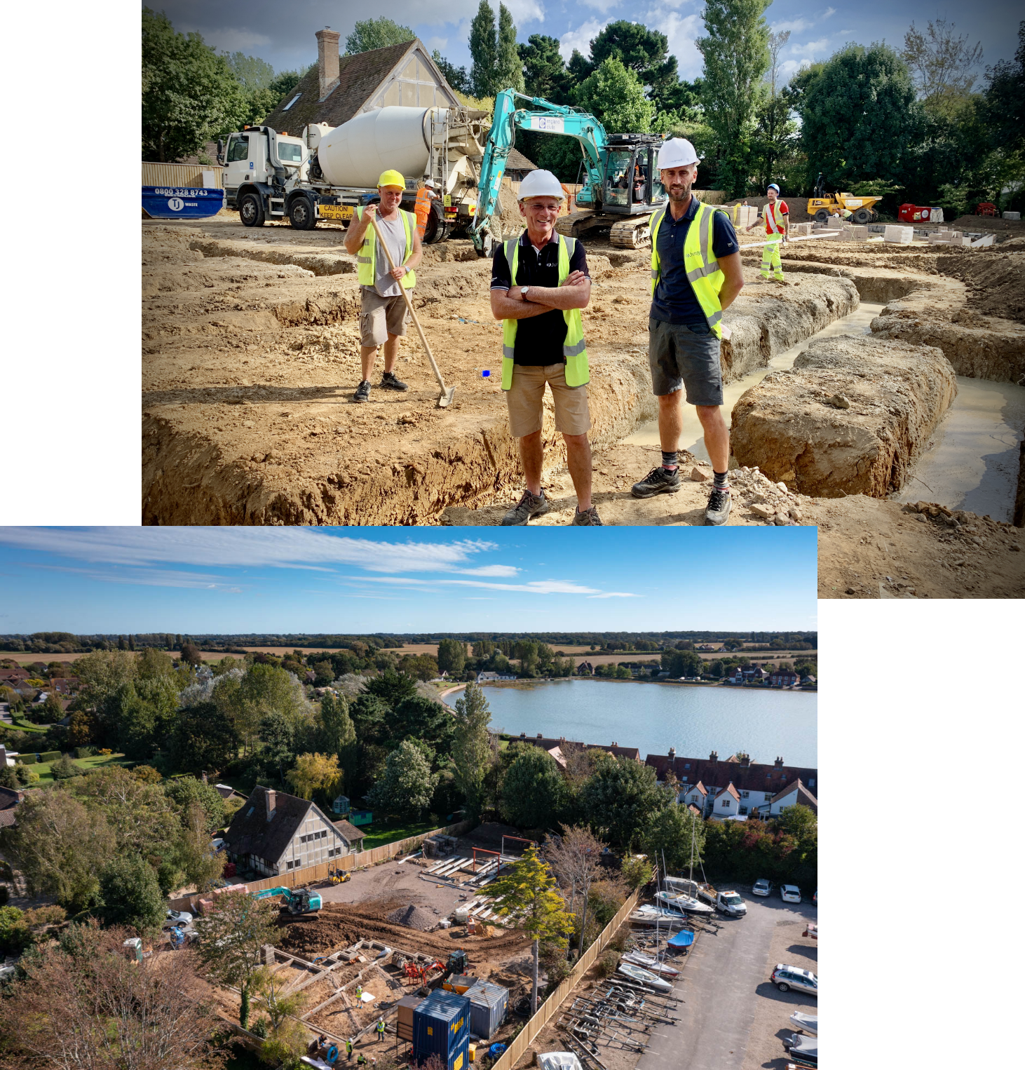 Top image showing house under construction and bottom image aerial footage above development