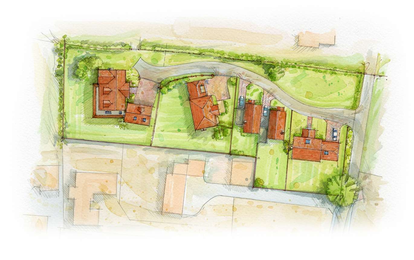 Watercolour image of 4 houses