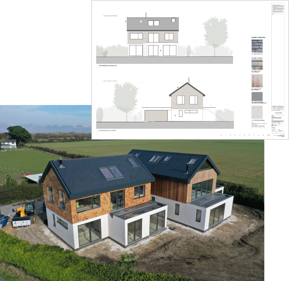 Top image showing house under construction and bottom image aerial footage above development