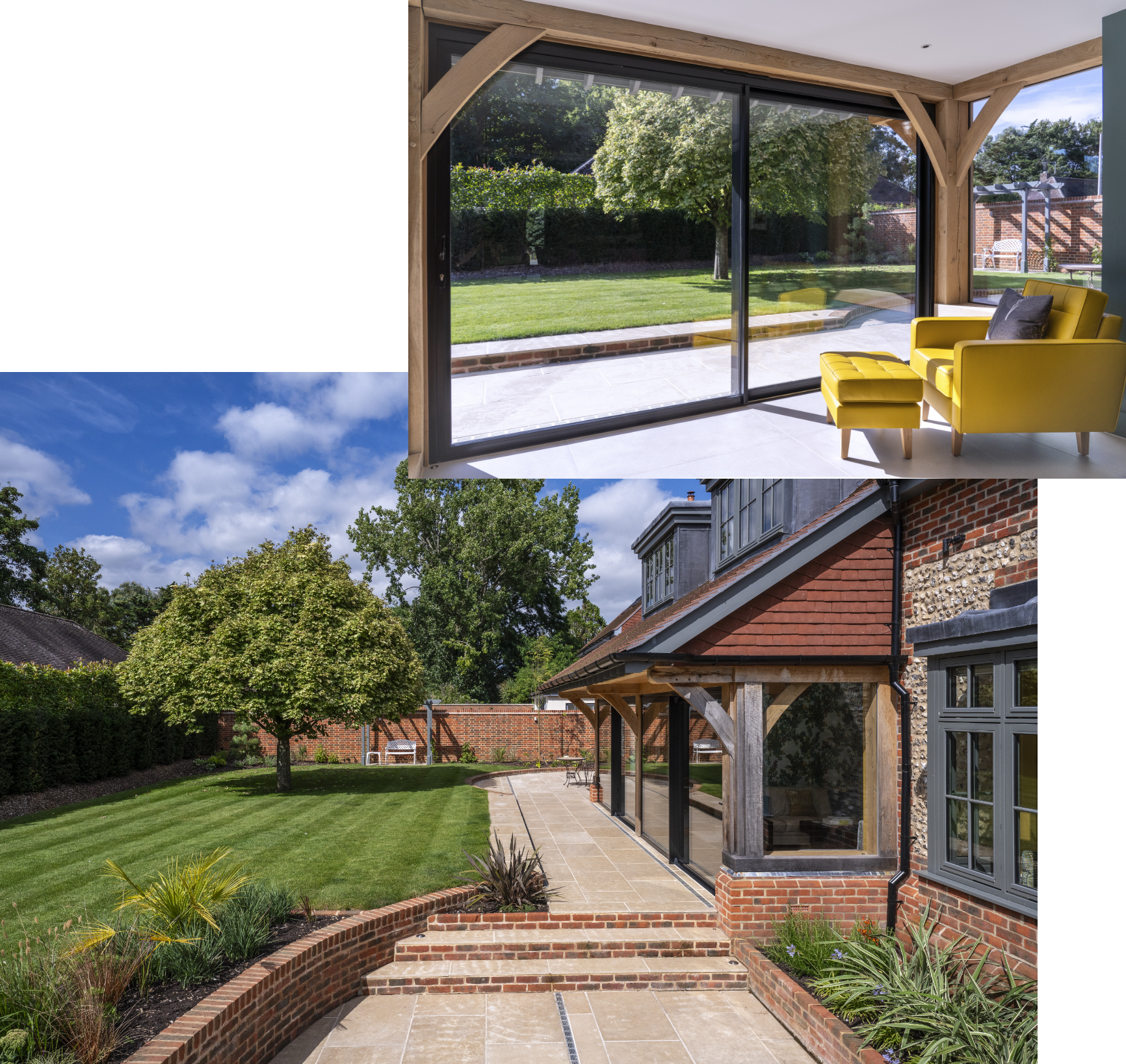 Top image showing lounge view with yellow arm chair and bottom image showing garden