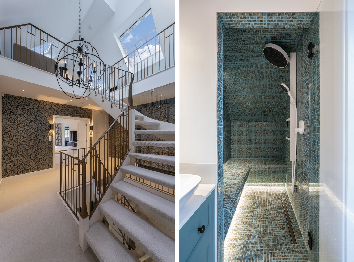 Two interior image of Skyfall development, left image showing staircase and right image showing shower area